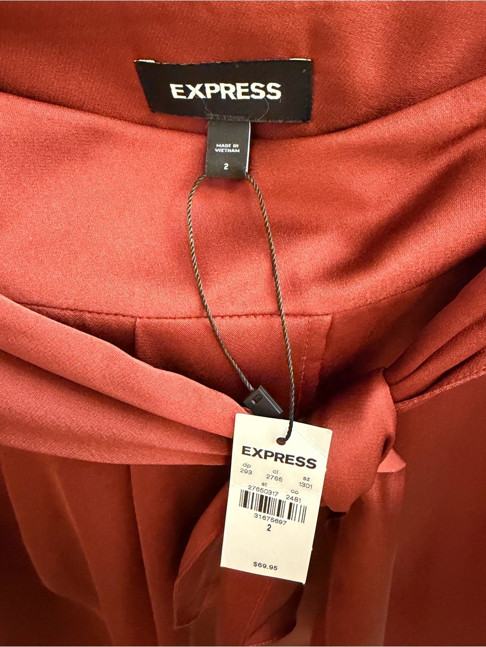 NWT Express Satin Tie-Waist Faux Wrap Midi Skirt- Rust Red Size 2 - Picture 9 of 11